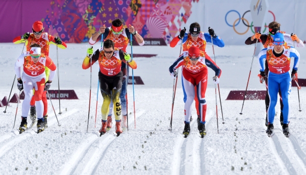 Sportsmen start in the men's Team Sprint cross-country final event at the Vancouver 2010 Winter Olympics in Whistler